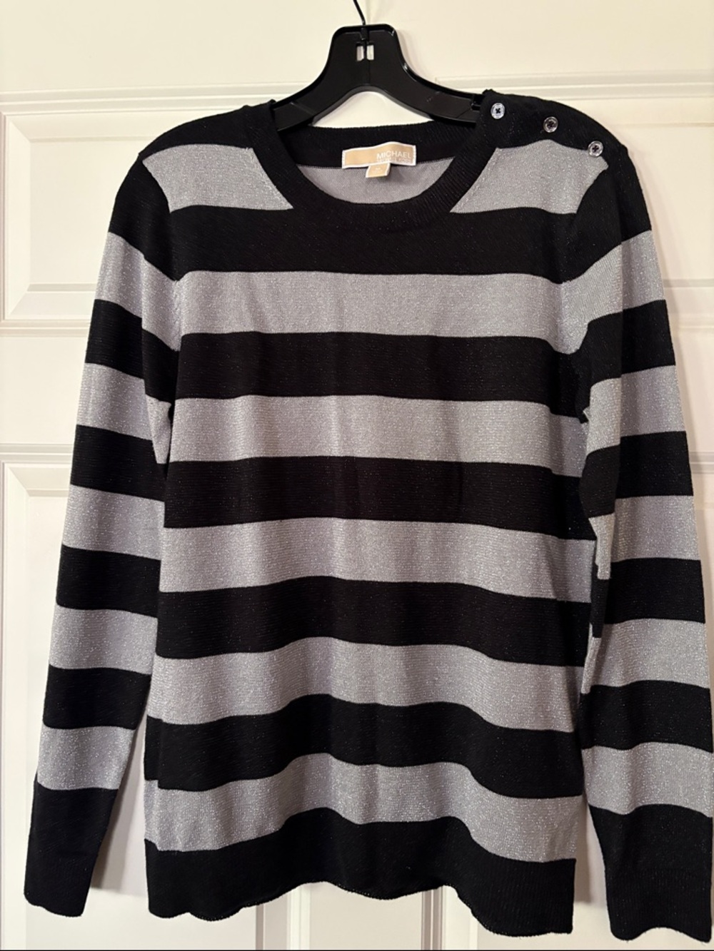 Michael Kors Metallic Black & Silver Stripe Crewneck Top